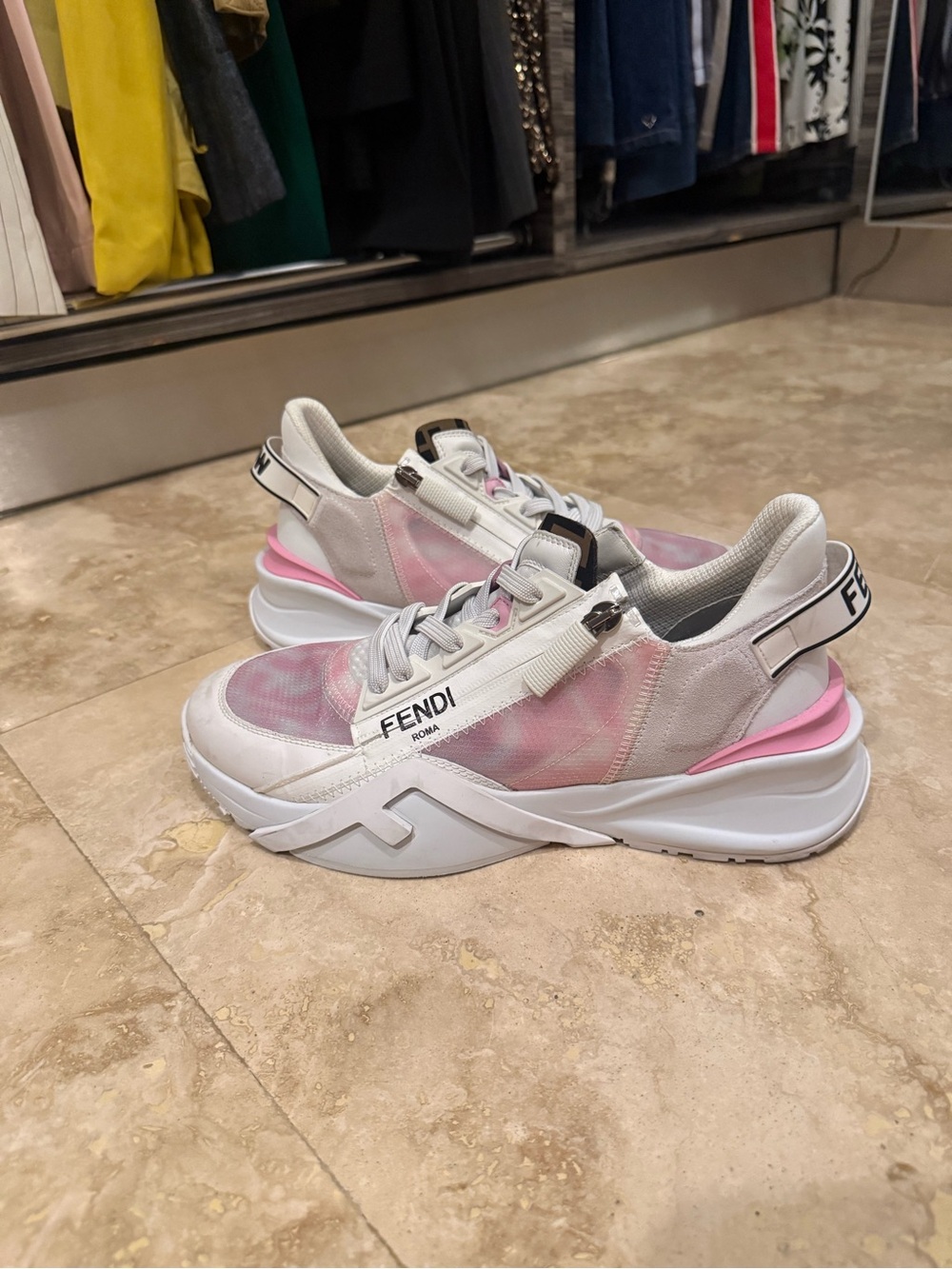 Fendi White and Pink Mesh Leather Runner Sneakers